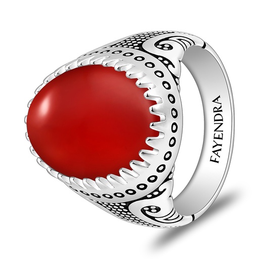 Sterling Silver 925 Ring Rhodium And Black Plated Embedded With Red Agate Cabochon For Men