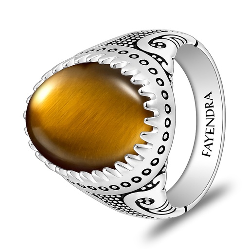Sterling Silver 925 Ring Rhodium And Black Plated Embedded With Yellow Tiger Eye Cabochon For Men