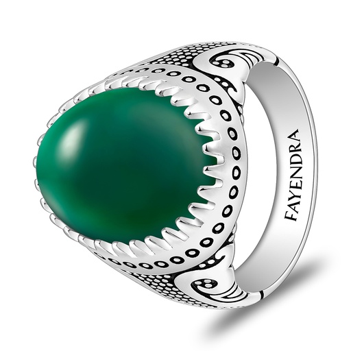 Sterling Silver 925 Ring Rhodium And Black Plated Embedded With Green Agate Cabochon For Men