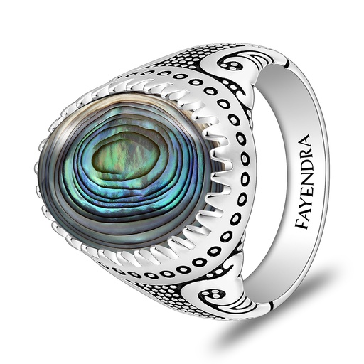 Sterling Silver 925 Ring Rhodium And Black Plated Embedded With Blue Shell Cabochon For Men