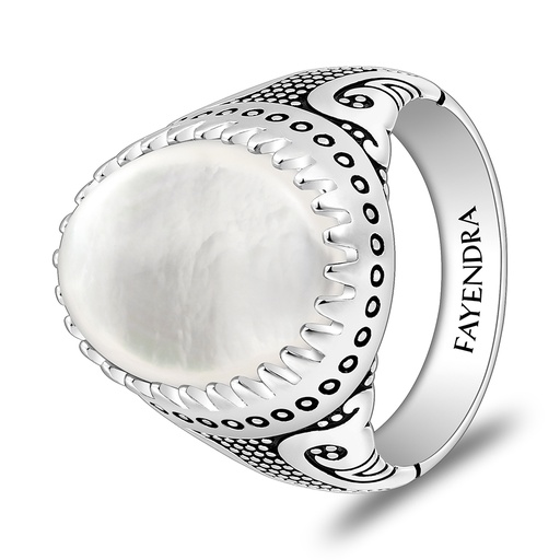 Sterling Silver 925 Ring Rhodium And Black Plated Embedded With White Shell Cabochon For Men