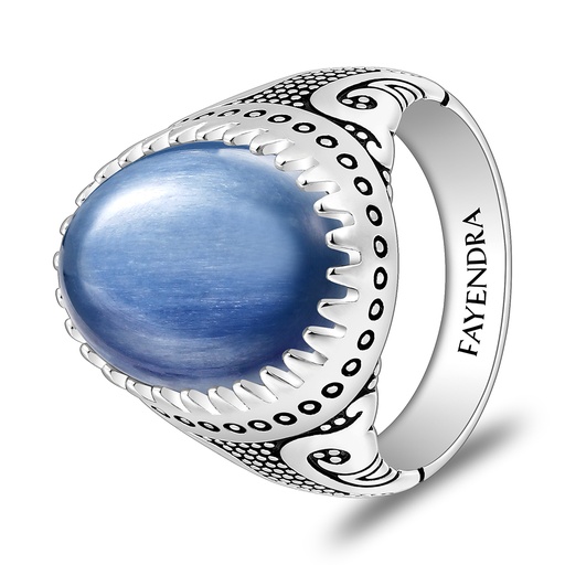 Sterling Silver 925 Ring Rhodium And Black Plated Embedded With Natural Kyanite Cabochon For Men