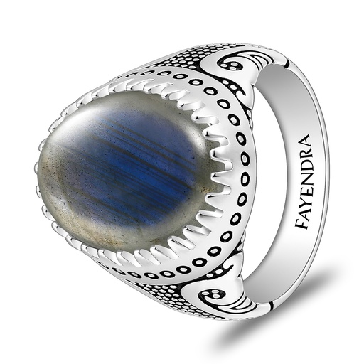 Sterling Silver 925 Ring Rhodium And Black Plated Embedded With Labradorite Opal Cabochon For Men