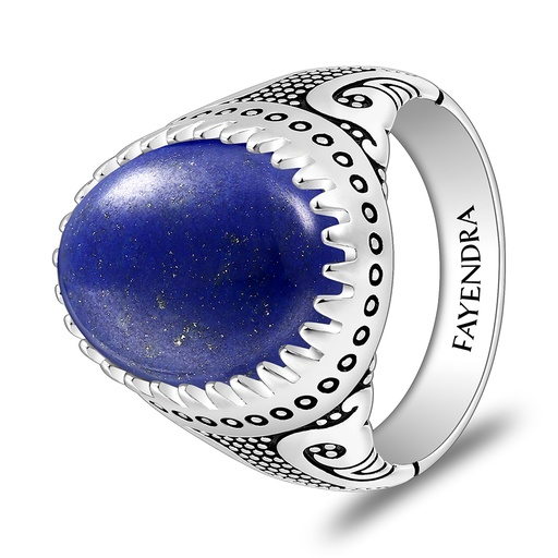 Sterling Silver 925 Ring Rhodium And Black Plated Embedded With Lapis Cabochon For Men
