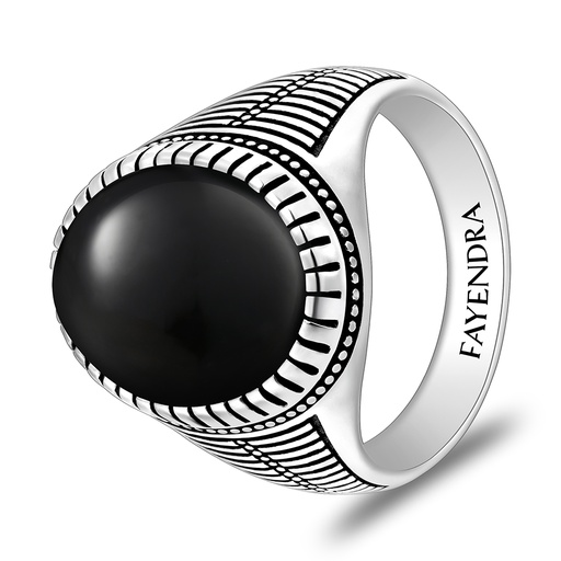 Sterling Silver 925 Ring Rhodium And Black Plated Embedded With Natural Black Agate Cabochon For Men