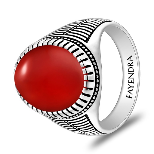 Sterling Silver 925 Ring Rhodium And Black Plated Embedded With Red Agate Cabochon For Men