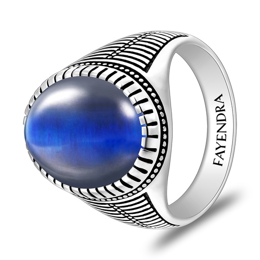 Sterling Silver 925 Ring Rhodium And Black Plated Embedded With Blue Tiger Eye Cabochon For Men