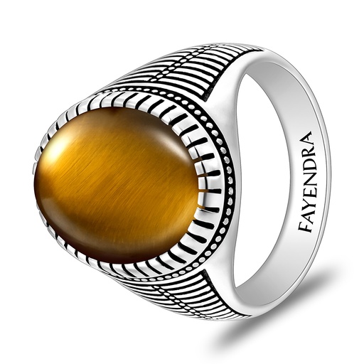 Sterling Silver 925 Ring Rhodium And Black Plated Embedded With Yellow Tiger Eye Cabochon For Men