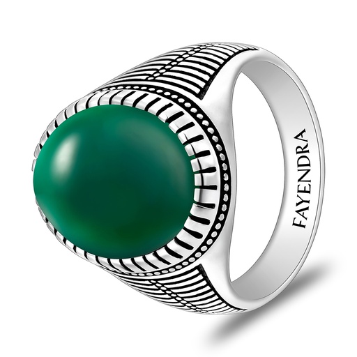 Sterling Silver 925 Ring Rhodium And Black Plated Embedded With Green Agate Cabochon For Men