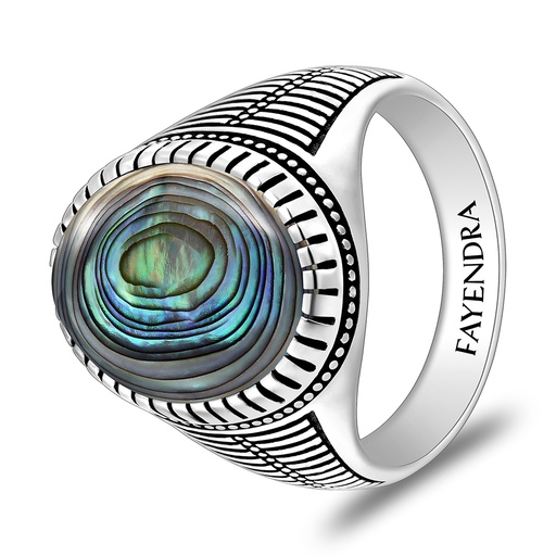 Sterling Silver 925 Ring Rhodium And Black Plated Embedded With Blue Shell Cabochon For Men