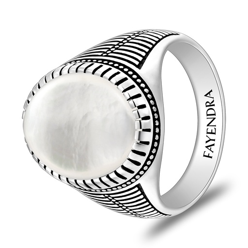 Sterling Silver 925 Ring Rhodium And Black Plated Embedded With White Shell Cabochon For Men