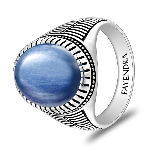 Sterling Silver 925 Ring Rhodium And Black Plated Embedded With Natural Kyanite Cabochon For Men