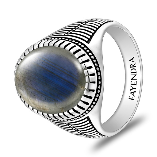 Sterling Silver 925 Ring Rhodium And Black Plated Embedded With Labradorite Opal Cabochon For Men