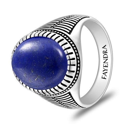 Sterling Silver 925 Ring Rhodium And Black Plated Embedded With Lapis Cabochon For Men