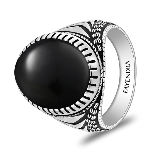 Sterling Silver 925 Ring Rhodium And Black Plated Embedded With Natural Black Agate Cabochon For Men