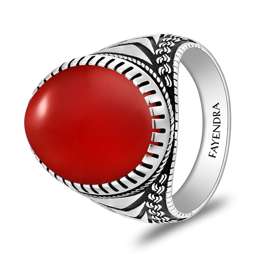 Sterling Silver 925 Ring Rhodium And Black Plated Embedded With Red Agate Cabochon For Men