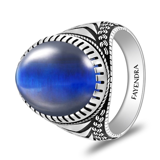 Sterling Silver 925 Ring Rhodium And Black Plated Embedded With Blue Tiger Eye Cabochon For Men