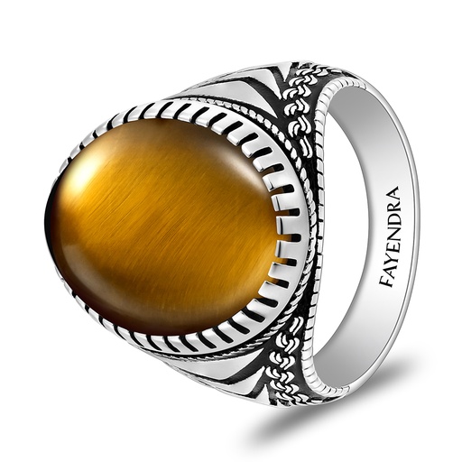 Sterling Silver 925 Ring Rhodium And Black Plated Embedded With Yellow Tiger Eye Cabochon For Men