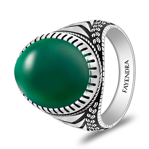 Sterling Silver 925 Ring Rhodium And Black Plated Embedded With Green Agate Cabochon For Men