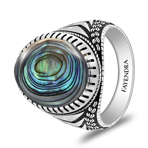Sterling Silver 925 Ring Rhodium And Black Plated Embedded With Blue Shell Cabochon For Men