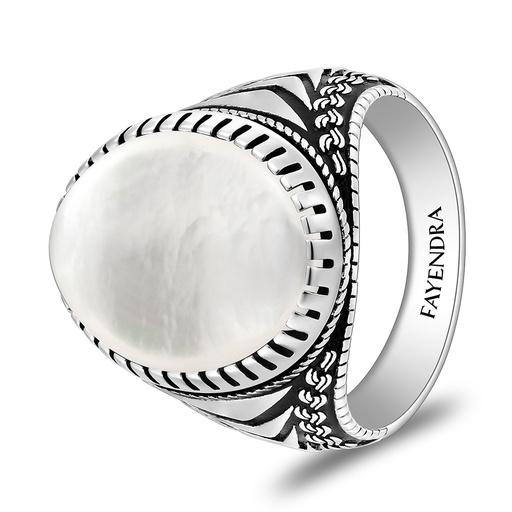 Sterling Silver 925 Ring Rhodium And Black Plated Embedded With White Shell Cabochon For Men