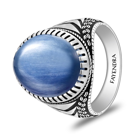 Sterling Silver 925 Ring Rhodium And Black Plated Embedded With Natural Kyanite Cabochon For Men
