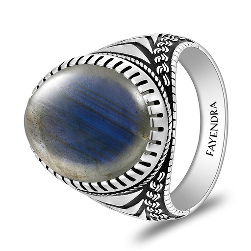 Sterling Silver 925 Ring Rhodium And Black Plated Embedded With Labradorite Opal Cabochon For Men