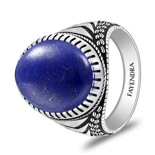Sterling Silver 925 Ring Rhodium And Black Plated Embedded With Lapis Cabochon For Men