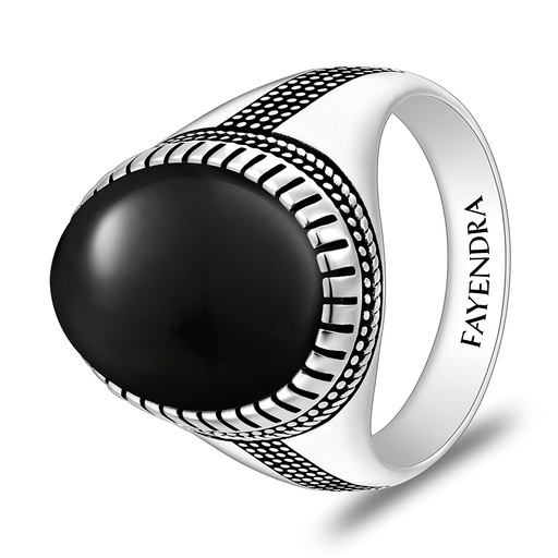 Sterling Silver 925 Ring Rhodium And Black Plated Embedded With Natural Black Agate Cabochon For Men