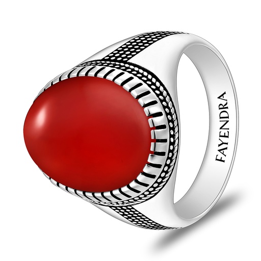 Sterling Silver 925 Ring Rhodium And Black Plated Embedded With Red Agate Cabochon For Men