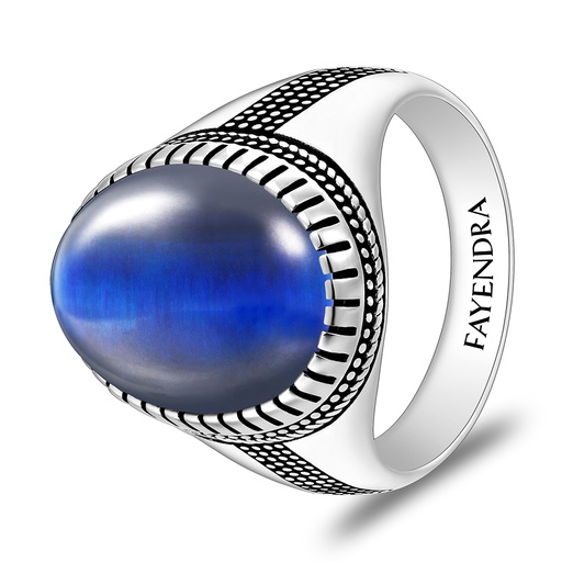 Sterling Silver 925 Ring Rhodium And Black Plated Embedded With Blue Tiger Eye Cabochon For Men