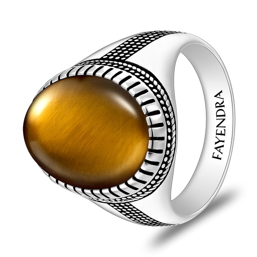 Sterling Silver 925 Ring Rhodium And Black Plated Embedded With Yellow Tiger Eye Cabochon For Men