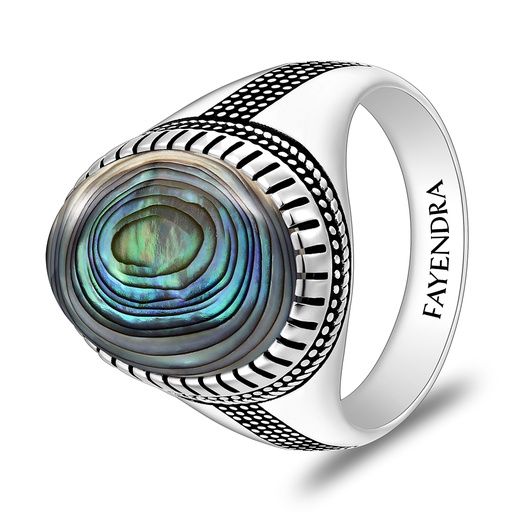 Sterling Silver 925 Ring Rhodium And Black Plated Embedded With Blue Shell Cabochon For Men
