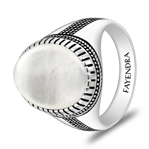 Sterling Silver 925 Ring Rhodium And Black Plated Embedded With White Shell Cabochon For Men