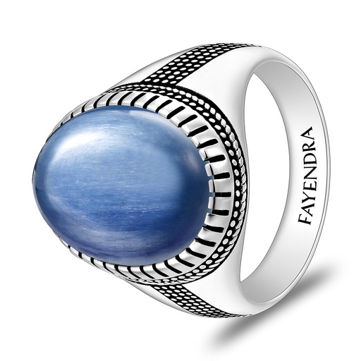 Sterling Silver 925 Ring Rhodium And Black Plated Embedded With Natural Kyanite Cabochon For Men