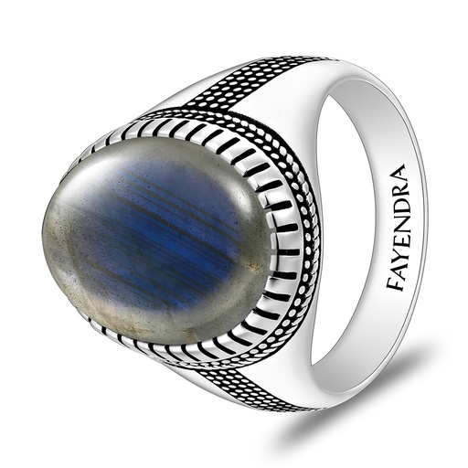 Sterling Silver 925 Ring Rhodium And Black Plated Embedded With Labradorite Opal Cabochon For Men