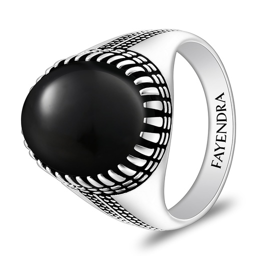 Sterling Silver 925 Ring Rhodium And Black Plated Embedded With Natural Black Agate Cabochon For Men