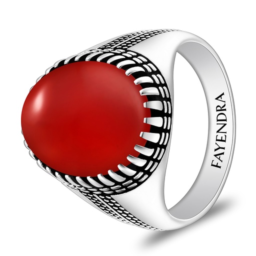 Sterling Silver 925 Ring Rhodium And Black Plated Embedded With Red Agate Cabochon For Men