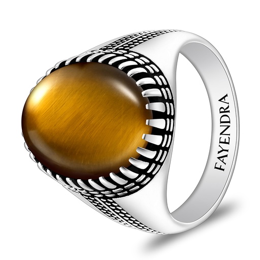 Sterling Silver 925 Ring Rhodium And Black Plated Embedded With Yellow Tiger Eye Cabochon For Men