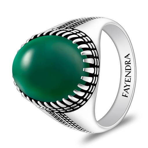 Sterling Silver 925 Ring Rhodium And Black Plated Embedded With Green Agate Cabochon For Men
