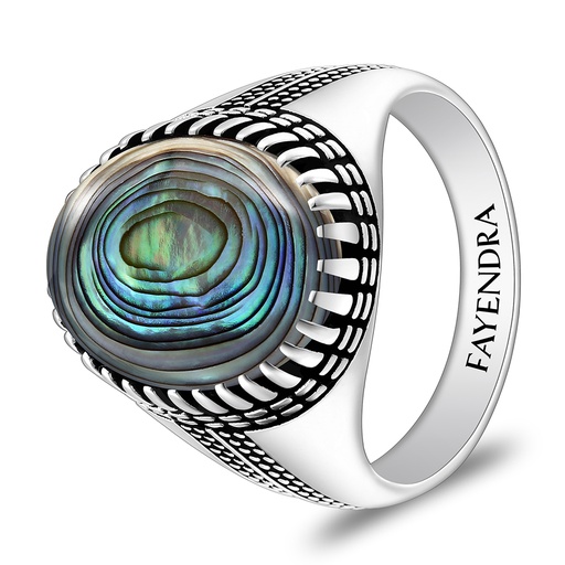 Sterling Silver 925 Ring Rhodium And Black Plated Embedded With Blue Shell Cabochon For Men