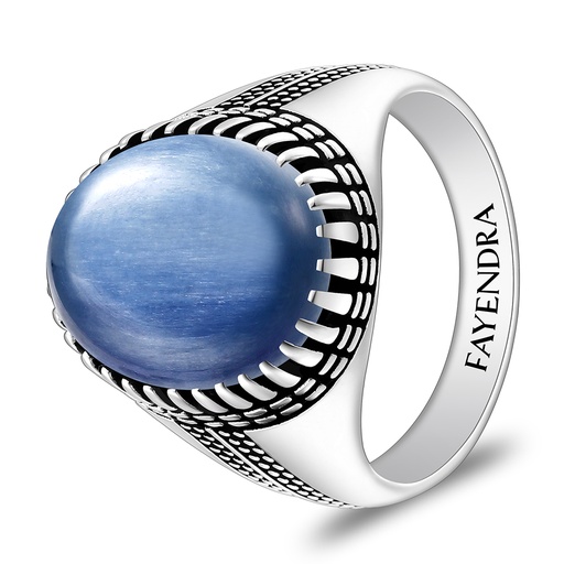 Sterling Silver 925 Ring Rhodium And Black Plated Embedded With Natural Kyanite Cabochon For Men