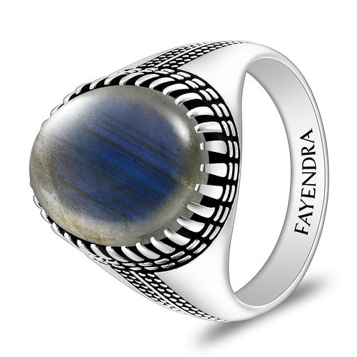 Sterling Silver 925 Ring Rhodium And Black Plated Embedded With Labradorite Opal Cabochon For Men
