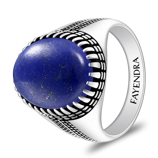 Sterling Silver 925 Ring Rhodium And Black Plated Embedded With Lapis Cabochon For Men