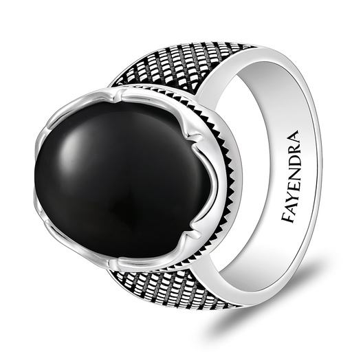 Sterling Silver 925 Ring Rhodium And Black Plated Embedded With Natural Black Agate Cabochon For Men