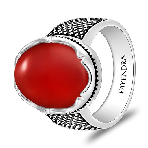 Sterling Silver 925 Ring Rhodium And Black Plated Embedded With Red Agate Cabochon For Men
