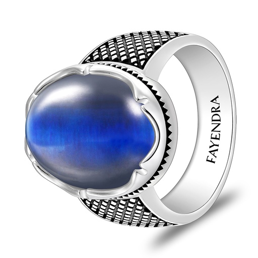 Sterling Silver 925 Ring Rhodium And Black Plated Embedded With Blue Tiger Eye Cabochon For Men