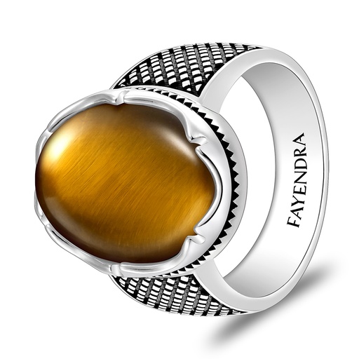 Sterling Silver 925 Ring Rhodium And Black Plated Embedded With Yellow Tiger Eye Cabochon For Men