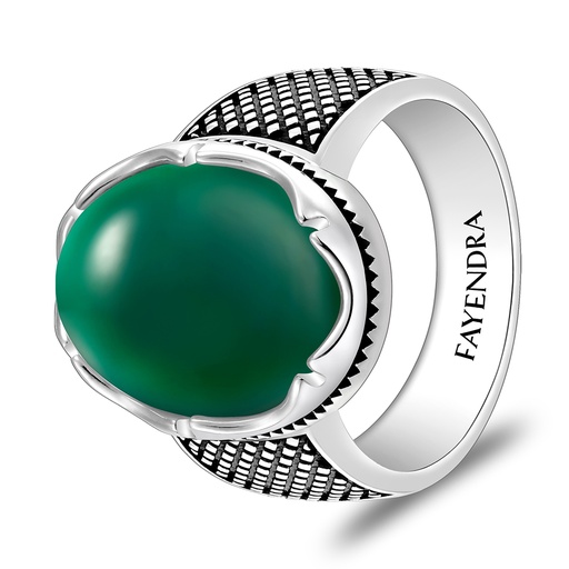 Sterling Silver 925 Ring Rhodium And Black Plated Embedded With Green Agate Cabochon For Men