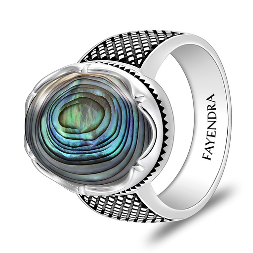 Sterling Silver 925 Ring Rhodium And Black Plated Embedded With Blue Shell Cabochon For Men